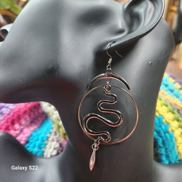 Korean Snake and Moon Hoop Earrings NWT - Picture 3 of 5